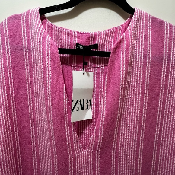 Zara Fringe Rustic Caftan Swim Cover Up pink & white stripes S/M NWT - Picture 11 of 14